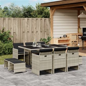 Conjunto jantar para jardim com almofadões vidaXL | 11 Peças | vime PE cinzento - 1