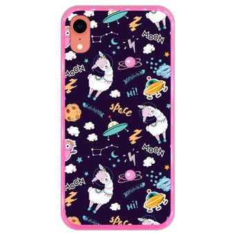 Capa Hapdey para iPhone XR Design Llama Rosa no Espaço Bem-Vindo à Lua em Silicone Flexível e TPU Cor-de-Rosa - 1