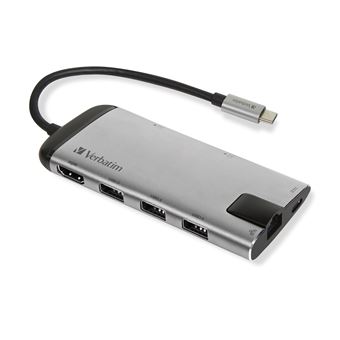Verbatim USB-C Multiport-Hub, 3x USB 3.0, HDMI unterstützt bis zu 4K, Gigabit Ethernet, Speicherkarten-Leseslot für SD/microSD Karten