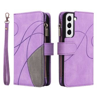 Capa magunivers PU emenda de duas cores com suporte, porta-cartões e bolso com fecho de correr roxo claro para Samsung Galaxy S22 5G - 1