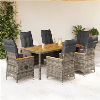 Conjunto de jantar para jardim vidaXL | 7 peças | com almofadões vime PE cinza - 1