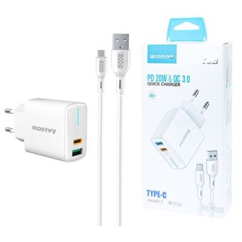 Carregador/Adaptador MODORWY MA3117-T com Duas Entradas USB+ Entrada Type-C + Cabo USB para Type-C | Carregamento Rápido | 20W / 3.0A | Luz LED - Branco - 1