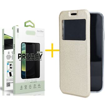 Pack 1 x Película de Vidro Temperado Anti-Spy + Capa skyhe  Apple iPhone 15 Pro Max Gandy Flip - Cover Dourado - 1