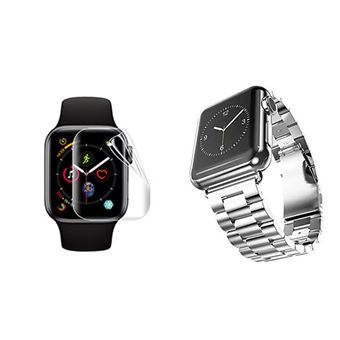 Kit Phonecare Pulseira Bracelete Aço Stainless Lux + Ferramenta + Película de Gel Full Cover para Apple Watch Series 5 44mm - Cinza - 1