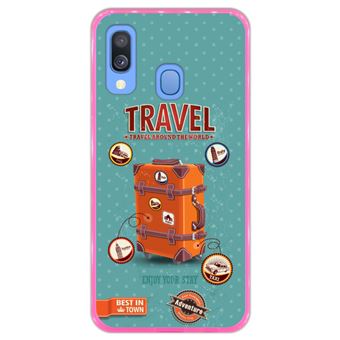 Capa Hapdey para Samsung Galaxy A40 2019 Design Bagagem de Viagem Vintage com Etiquetas em Silicone Flexível e TPU Cor-de-Rosa