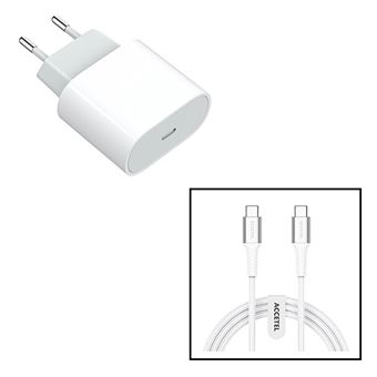 Kit Accetel Base de Carregador Type C FastCharge 20W + Cabo de Carregamento Type C - Type C 60W 3.0A 1m com Tecnologia PD para Apple iPhone 15 Plus - Branco - 1