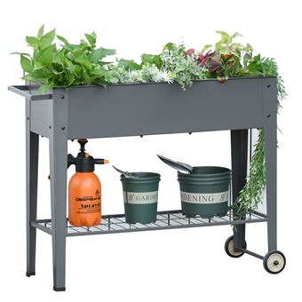 Floreira de Metal Elevada Outsunny | Rodas | Alça Lateral | Prateleira Inferior | 104x39x80 cm - Cinza - 1