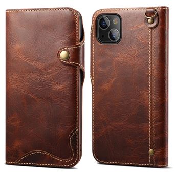 Capa de Couro Dourado Genuíno aba com Alça Castanho para iPhone 13 6.1'' - 1