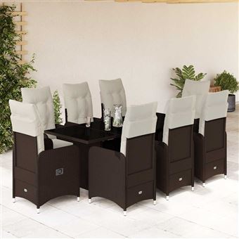 Conjunto de bistrô para jardim com almofadões vidaXL | 9 Peças | vime PE castanho - 1