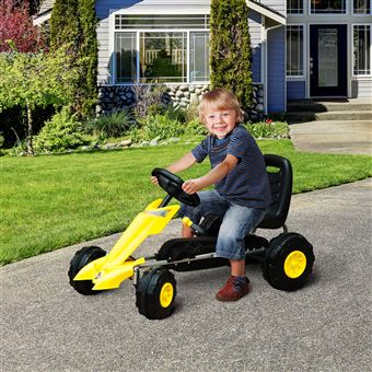 Go Kart HomCom Carro de Pedais Desportivo de Aço com Travões para Crianças dos 3 aos 8 Anos Preto e Amarelo 88 x 51 x 48cm