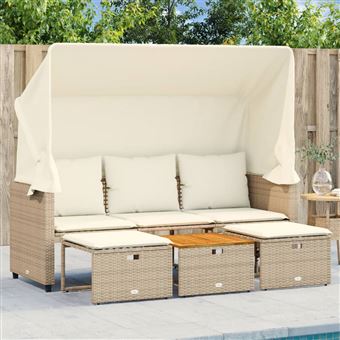Sofá de jardim vidaXL | de 3 lugares com toldo e bancos vime PE bege - 1