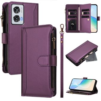 Capa FOXDOCK para Motorola Edge 50 Fusion 5G | Pele Premium | 9 Compartimentos para Cartões | Alça de Pulso Amovível - Roxo - 1