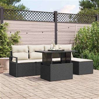 Conjunto de Sofá de Jardim vidaXL | 6 Peças | Preto e Creme vime PE - 1
