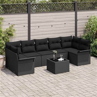 Conjunto de Sofá de Jardim com Almofada vidaXL | 8 Peças | Preto vime PE - 1