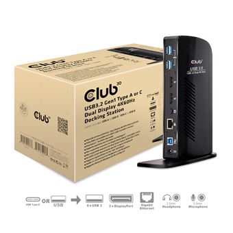 Base & Duplicador de Portas CLUB3D USB3.2 Gen1 Type A or C Dual Display 4K60Hz Docking Station | Preto - 1