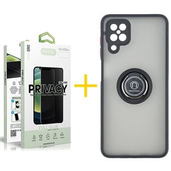Pack Accetel 1 x Película de Vidro Temperado Anti-Spy + Capa para Samsung Galaxy A12 4G Gel Bumper Ring - Preto - 1