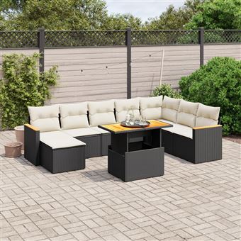 Conjunto de sofás para jardim com almofadões vidaXL | 9 Peças | vime PE preto - 1