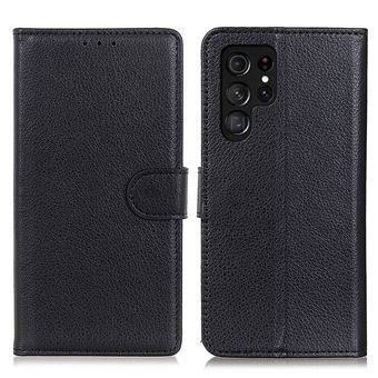 Capa PU à prova de choque, textura de lichia, anti-riscos com apoio Magunivers para Samsung Galaxy S23 Ultra 5G - preto - 1