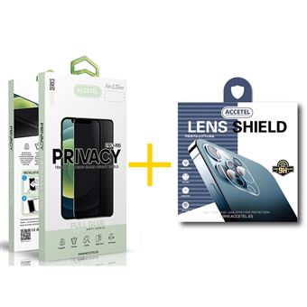 Pack Película de Vidro Temperado Anti-Spy + Película de Câmara Traseira Accetel de Vidro Temperado para Apple iPhone 13 PRO MAX - Moldura em Preto - 1