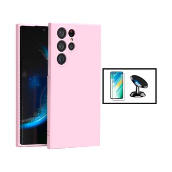 Kit Película de Vidro Temperado 5D Full Cover + Capa Silicone Líquido + Suporte Magnético de Carro Phonecare para Samsung Galaxy S24 Ultra 5G - Rosa - 1