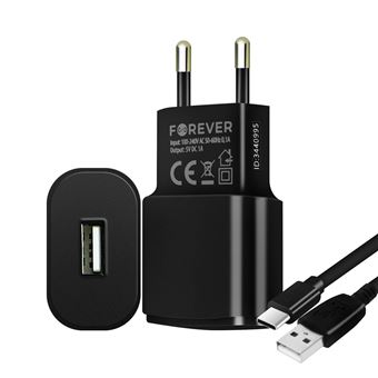 Carregador Forever | 1A | Carregamento Seguro + Cabo USB tipo C | 1,2 m - Preto - 1