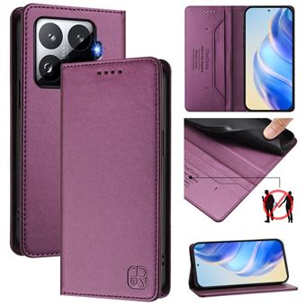 Capa Flip FOXDOCK para Xiaomi 15T Pro | RFID | Bloqueio Magnético | Couro PU | 2 Compartimentos para Cartões | Roxo escuro - 1