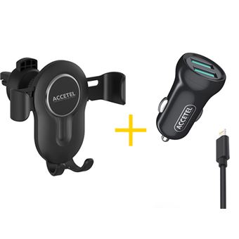 Pack Auto | Suporte Accetel SP118 + Cabo Lightning + Carregador para Apple iPhone 12 Pro Max Accetel CC262 2X USB 2.4A - Preto - 1
