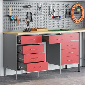 Conjunto de Armário e Mesa de Trabalho vidaXL | 3 Peças | Madeira Compósita e Aço Vermelho - 1