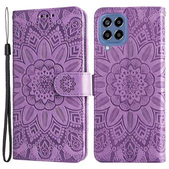 Capa PU à prova de choque, fecho magnético, padrão de girassol com suporte e alça Magunivers para Samsung Galaxy M33 5G (Global Version) - roxo - 1