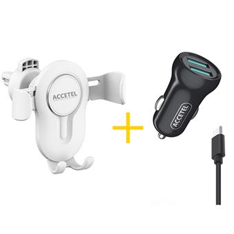 Pack Auto Suporte Accetel SP118 + Cabo Type C + Carregador para Xiaomi Redmi Note Pro Plus 12 5G Accetel CC266 2X USB 2.4A - Branco + Preto - 1