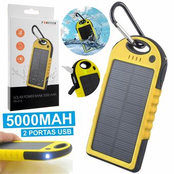 Power Bank 5000mAh com Painel Solar e 2 Portas USB - Amarela - 1