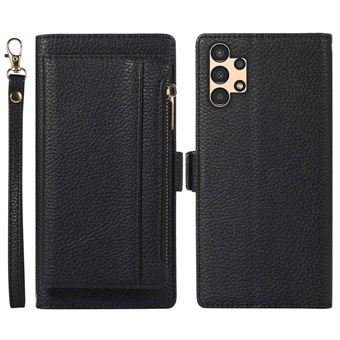 Capa PU 2 em 1 magnético, anti-riscos, textura de lichia com suporte e bolso com fecho de correr Magunivers para Samsung Galaxy A13 4G - preto - 1