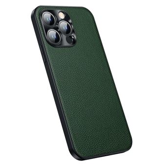 Capa e TPU + couro genuíno textura lichia, à prova de choque com moldura de câmara Magunivers para iPhone 14 Pro - verde - 1