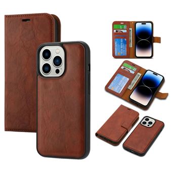 Capa PU textura de cavalo maluco, magnético, destacável 2 em 1 com apoio Magunivers para iPhone 14 Pro Max - Castanho - 1