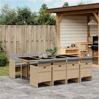 Conjunto de jantar para jardim com almofadões vidaXL | 9 Peças | vime PE bege misturado - 1