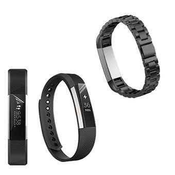 Kit Phonecare Pulseira Bracelete Aço Stainless Lux + Ferramenta + Película Protectora Ecrã Gel Full Cover para Fitbit Alta - Preto - 1