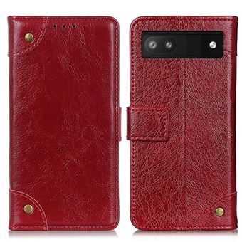 Capa PU textura de napa, decoração de botão de latão com apoio, vermelho Magunivers para Google Pixel 6a - 1