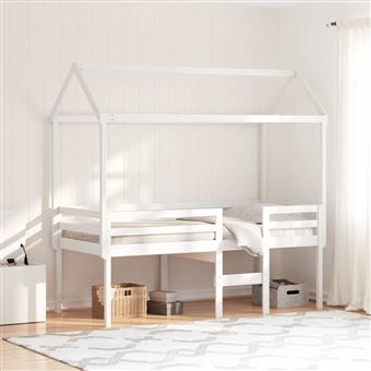 Cama Alta com Telhado vidaXL | 90x190 cm | pinho maciço branco - 1