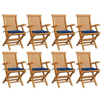 Cadeiras de Jardim vidaXL com almofadões azul-real 8 Peças teca maciça - 1