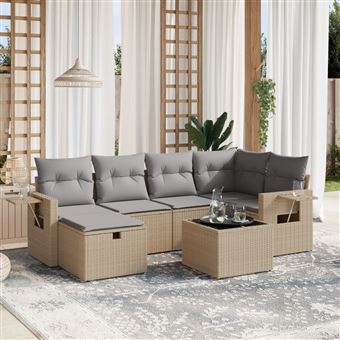 Conjunto sofás jardim com almofadões vidaXL | 7 Peças | vime PE bege misturado - 1