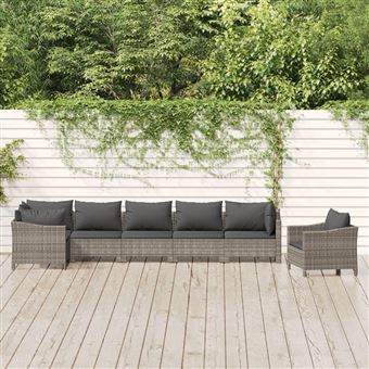 Conjunto lounge para jardim com almofadões vidaXL | 7 Peças | vime PE cinzento - 1