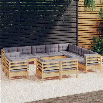Conjunto lounge de jardim com almofadões vidaXL | 12 Peças | cinza pinho maciço - 1
