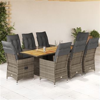 Conjunto de jantar para jardim vidaXL | 9 peças | com almofadões vime PE cinza - 1