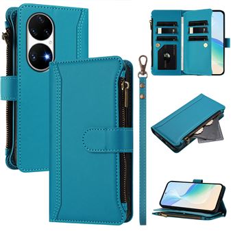 Capa FOXDOCK para Huawei P50 Pro | Pele Premium | 9 Compartimentos para Cartões | Alça de Pulso Amovível - Azul claro - 1