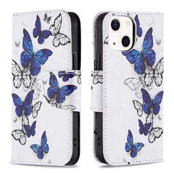 Capa PU + TPU com fundo Azul/borboletas brancas para iPhone 13 6.1'' - 1