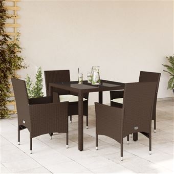 Conjunto de jantar para jardim com almofadões vidaXL | 5 Peças | vime PE/vidro castanho - 1