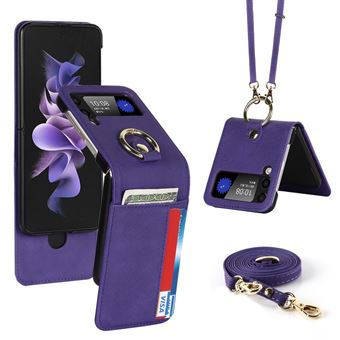Capa PU + TPU com cordão de segurança, suporte de pontapé, ranhura Magunivers para cartas e correia de ombro Magunivers para Samsung Galaxy Z Flip4 5G - roxo - 1