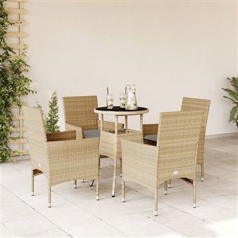 Conjunto de jantar para jardim com almofadões vidaXL | 5 Peças | vime PE/vidro bege - 1
