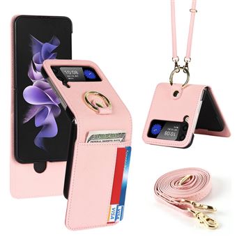 Capa PU + TPU com cordão de segurança, suporte de pontapé, ranhura Magunivers para cartas e correia de ombro Magunivers para Samsung Galaxy Z Flip4 5G - ouro rosa - 1
