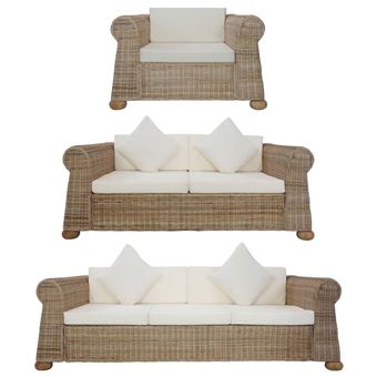 Conjunto de sofás com almofadões vidaXL 3 peças vime natural - 1